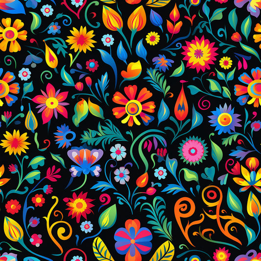 mexican floral, vibrant colors, black background, rainbow flowers, folk art, decorative swirls, bright blooms, multi-colored petals, quilting cotton, fabric panel, festive pattern, colorful leaves, ornamental design, cheerful motifs, craft fabric, sewing material, floral fiesta, botanical elements, vivid hues