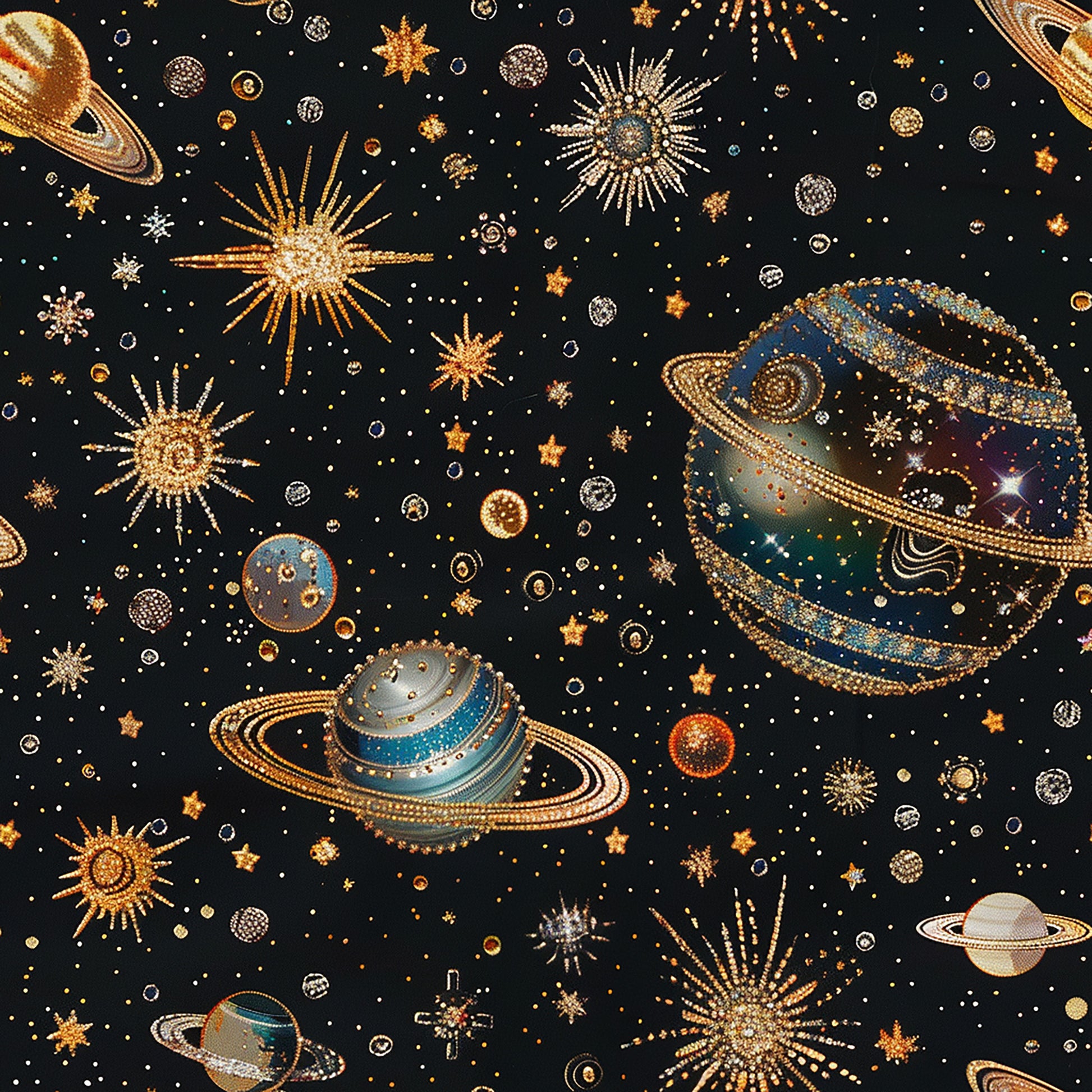 black background, gold accents, celestial theme, planets, stars, sun motifs, cosmic design, space pattern, quilting cotton, fabric panel, metallic details, astronomy inspired, navy blue, bronze tones, silver highlights, scattered stars, ringed planets, radiating suns, mystical atmosphere, cotton fabric