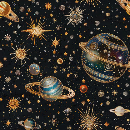 black background, gold accents, celestial theme, planets, stars, sun motifs, cosmic design, space pattern, quilting cotton, fabric panel, metallic details, astronomy inspired, navy blue, bronze tones, silver highlights, scattered stars, ringed planets, radiating suns, mystical atmosphere, cotton fabric