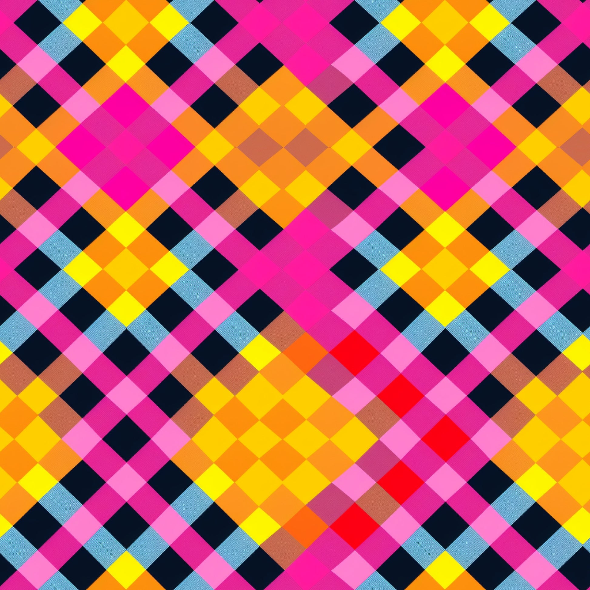 neon colors, bright pink, electric yellow, orange, black, light blue, red, gingham pattern, checkered design, geometric shapes, diamond pattern, vibrant colors, fluorescent hues, quilting cotton, fabric panel, modern design, contemporary style, eye-catching, pixelated effect, retro vibes