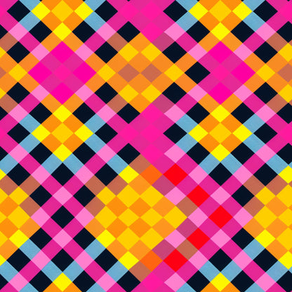 neon colors, bright pink, electric yellow, orange, black, light blue, red, gingham pattern, checkered design, geometric shapes, diamond pattern, vibrant colors, fluorescent hues, quilting cotton, fabric panel, modern design, contemporary style, eye-catching, pixelated effect, retro vibes
