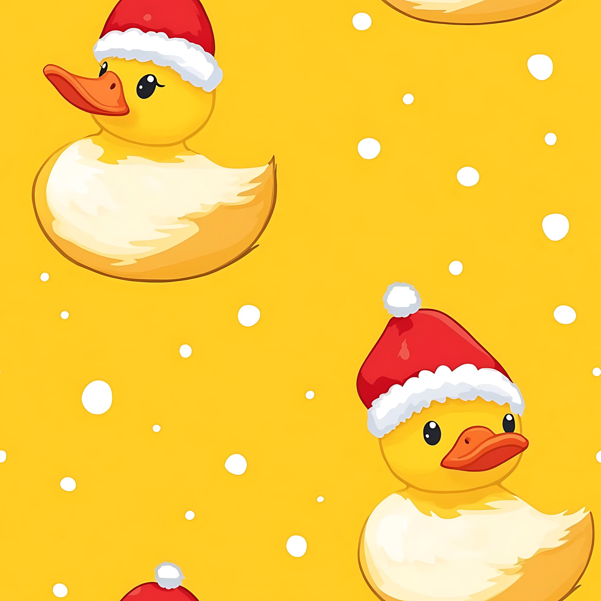 bright yellow, golden yellow, red santa hats, white pom poms, rubber ducks, bath toys, christmas ducks, holiday ducks, cute ducks, orange beaks, white bubbles, soap bubbles, festive pattern, holiday theme, christmas crafting, quilting cotton, fabric panel, cheerful design, playful mood, cartoon style