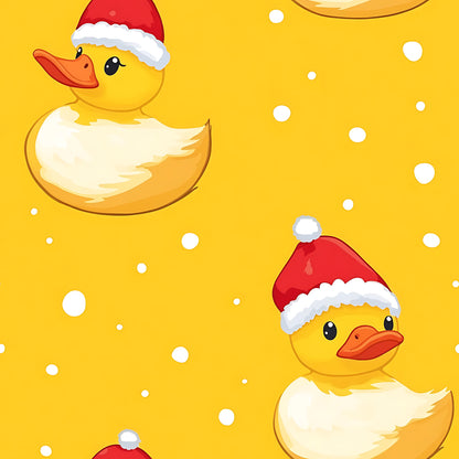 bright yellow, golden yellow, red santa hats, white pom poms, rubber ducks, bath toys, christmas ducks, holiday ducks, cute ducks, orange beaks, white bubbles, soap bubbles, festive pattern, holiday theme, christmas crafting, quilting cotton, fabric panel, cheerful design, playful mood, cartoon style