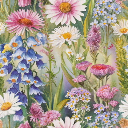 wildflowers, botanical illustration, watercolor style, pink flowers, blue flowers, white daisies, purple blooms, lavender, forget-me-nots, asters, delicate petals, garden flowers, nature scene, soft pastels, quilting cotton, fabric panel, floral pattern, meadow flowers, spring blooms, artistic rendering