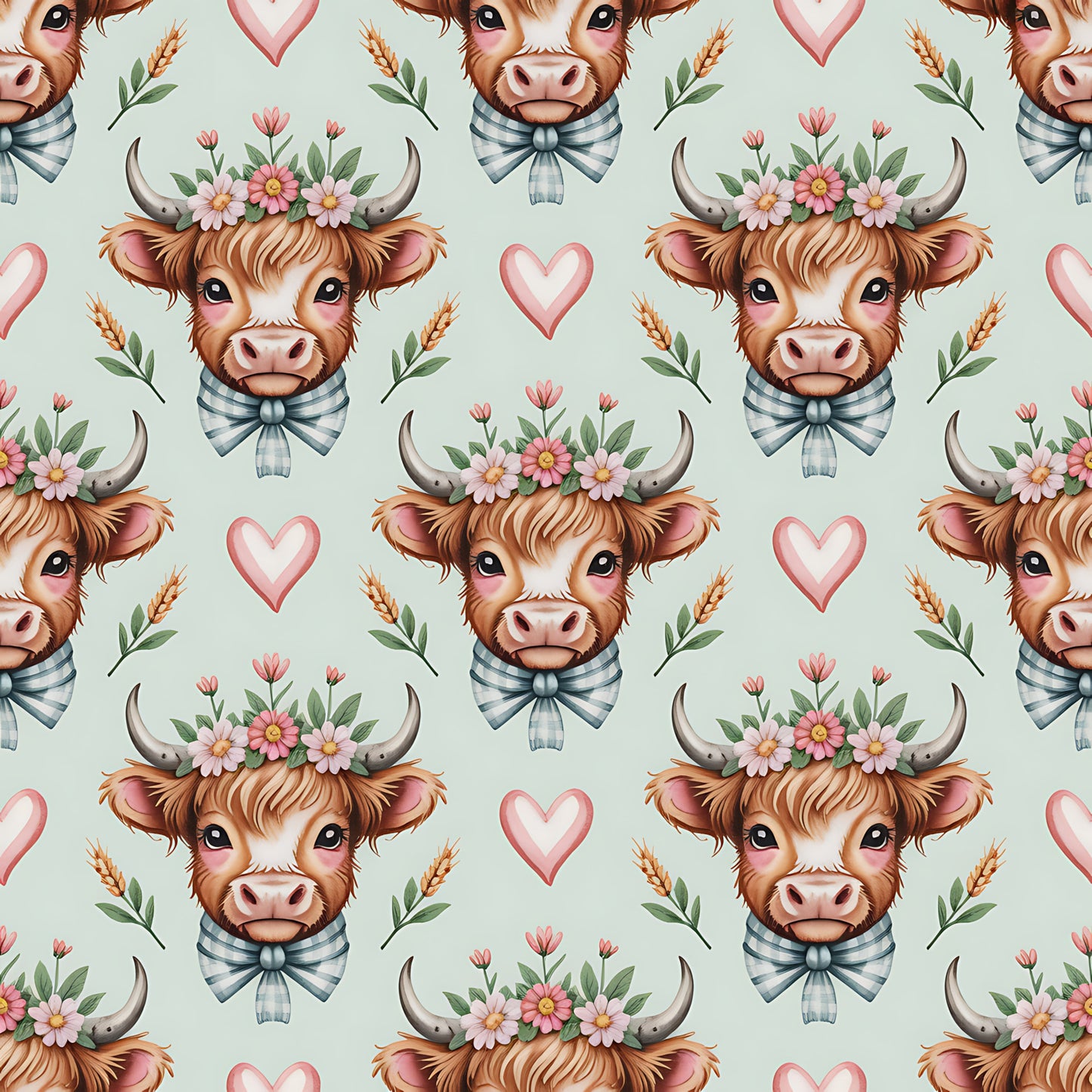 - Highland Cow Heads Pattern 3 Quilting Cotton Fabric  
- Quilting  
- Cotton  
- Fabric  
- Light blue background  
- Brown cow heads  
- Floral crowns  
- Pink hearts  
- Green leaves  
- Cute  
- Whimsical  
- Rustic  
- Charming  
- Decorative