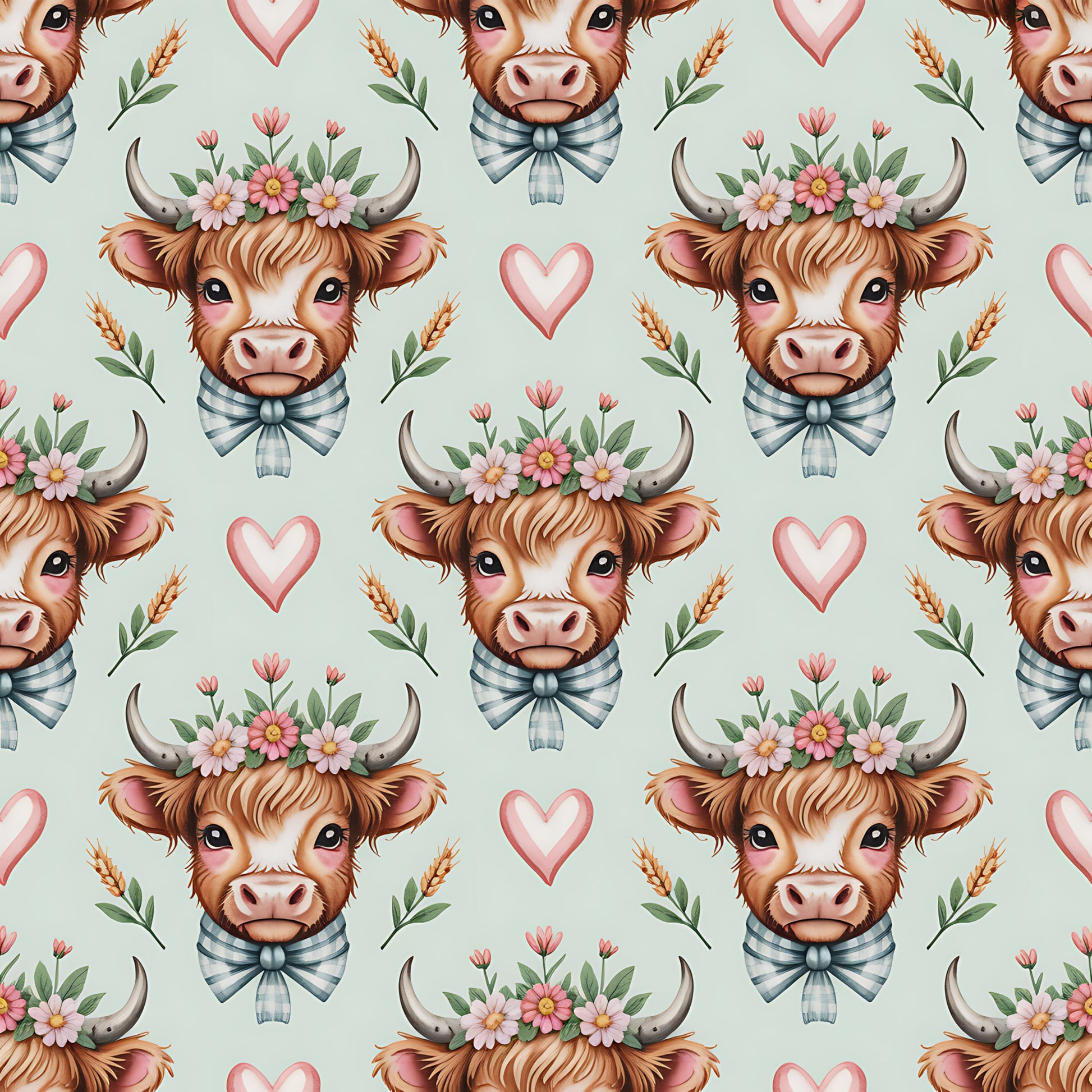 - Highland Cow Heads Pattern 3 Quilting Cotton Fabric  
- Quilting  
- Cotton  
- Fabric  
- Light blue background  
- Brown cow heads  
- Floral crowns  
- Pink hearts  
- Green leaves  
- Cute  
- Whimsical  
- Rustic  
- Charming  
- Decorative