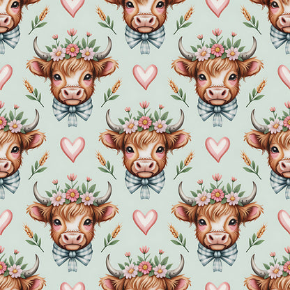 - Highland Cow Heads Pattern 3 Quilting Cotton Fabric  
- Quilting  
- Cotton  
- Fabric  
- Light blue background  
- Brown cow heads  
- Floral crowns  
- Pink hearts  
- Green leaves  
- Cute  
- Whimsical  
- Rustic  
- Charming  
- Decorative
