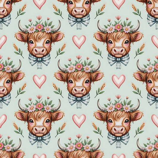 - Highland Cow Heads Pattern 3 Quilting Cotton Fabric  
- Quilting  
- Cotton  
- Fabric  
- Light blue background  
- Brown cow heads  
- Floral crowns  
- Pink hearts  
- Green leaves  
- Cute  
- Whimsical  
- Rustic  
- Charming  
- Decorative