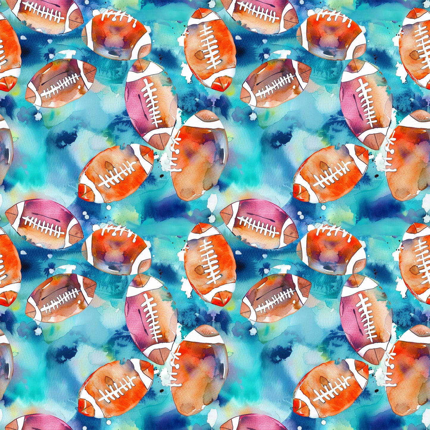 watercolor footballs, blue background, orange footballs, pink footballs, purple footballs, athletic pattern, sports theme, watercolor style, quilting cotton, fabric panel, repeating pattern, splatter effects, white lacing, vibrant colors, teal blue, magenta, artistic design, cotton fabric, sports motif, watercolor technique
