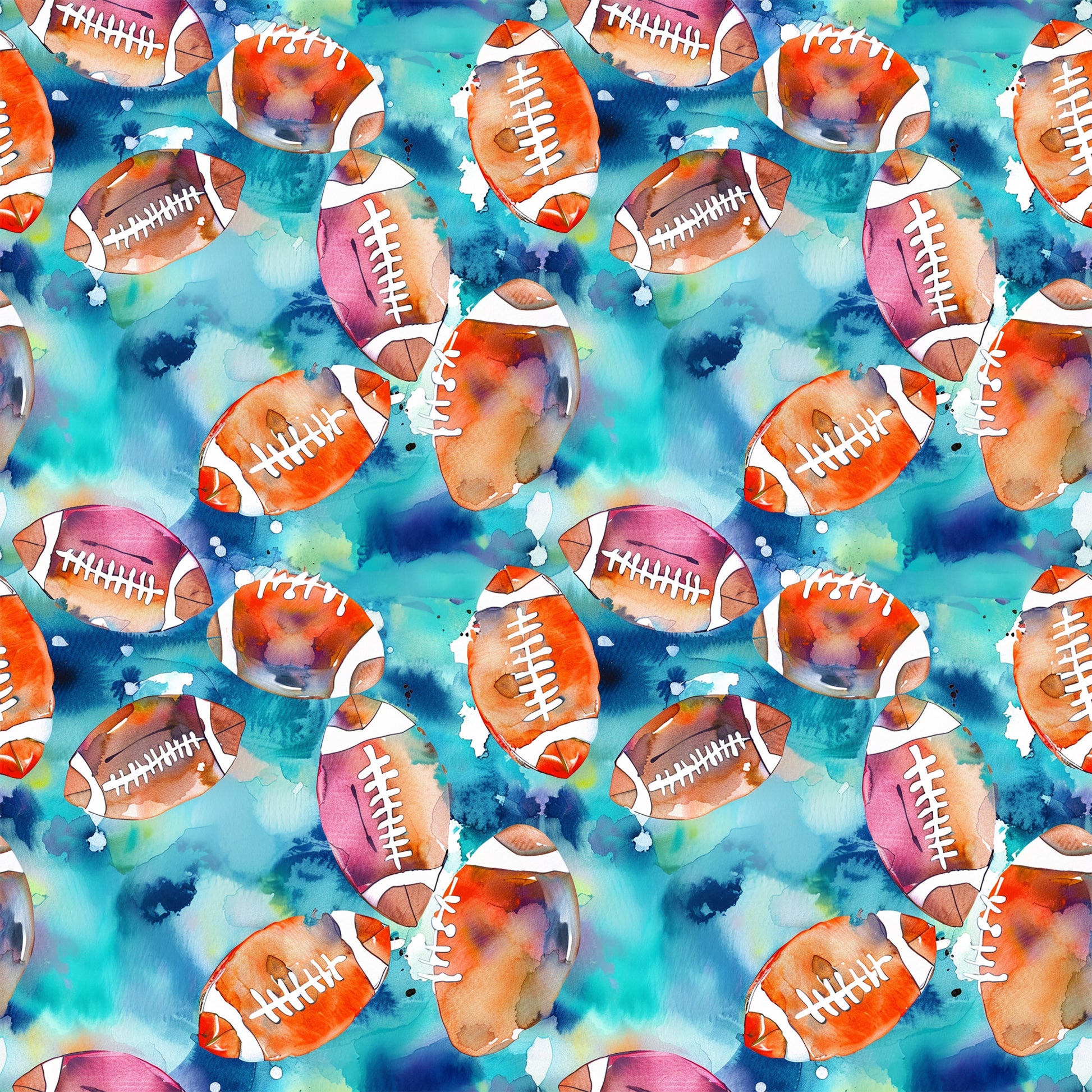 watercolor footballs, blue background, orange footballs, pink footballs, purple footballs, athletic pattern, sports theme, watercolor style, quilting cotton, fabric panel, repeating pattern, splatter effects, white lacing, vibrant colors, teal blue, magenta, artistic design, cotton fabric, sports motif, watercolor technique
