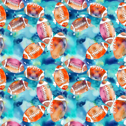 watercolor footballs, blue background, orange footballs, pink footballs, purple footballs, athletic pattern, sports theme, watercolor style, quilting cotton, fabric panel, repeating pattern, splatter effects, white lacing, vibrant colors, teal blue, magenta, artistic design, cotton fabric, sports motif, watercolor technique