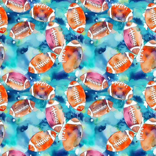 watercolor footballs, blue background, orange footballs, pink footballs, purple footballs, athletic pattern, sports theme, watercolor style, quilting cotton, fabric panel, repeating pattern, splatter effects, white lacing, vibrant colors, teal blue, magenta, artistic design, cotton fabric, sports motif, watercolor technique