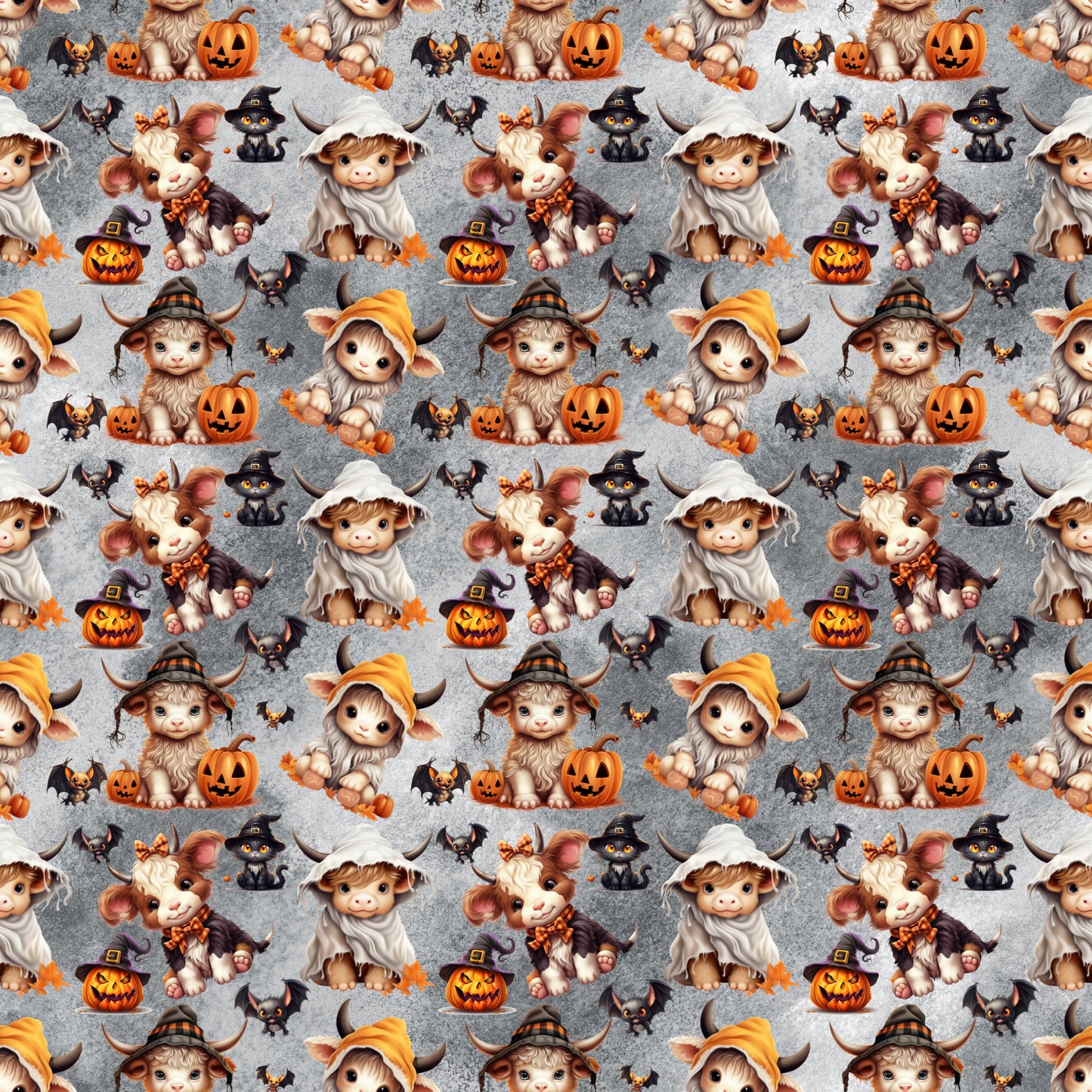 - Halloween Cartoon Highland Cows Pattern 1 Quilting Cotton Fabric  
- Orange, black, gray, white, brown  
- Cute cows, pumpkins, witches, hats  
- Autumn, spooky, festive, playful  
- Quilting, cotton, yardage, fabric, seasonal, harvest, Halloween-themed, decorative, cozy, whimsical, repeating design