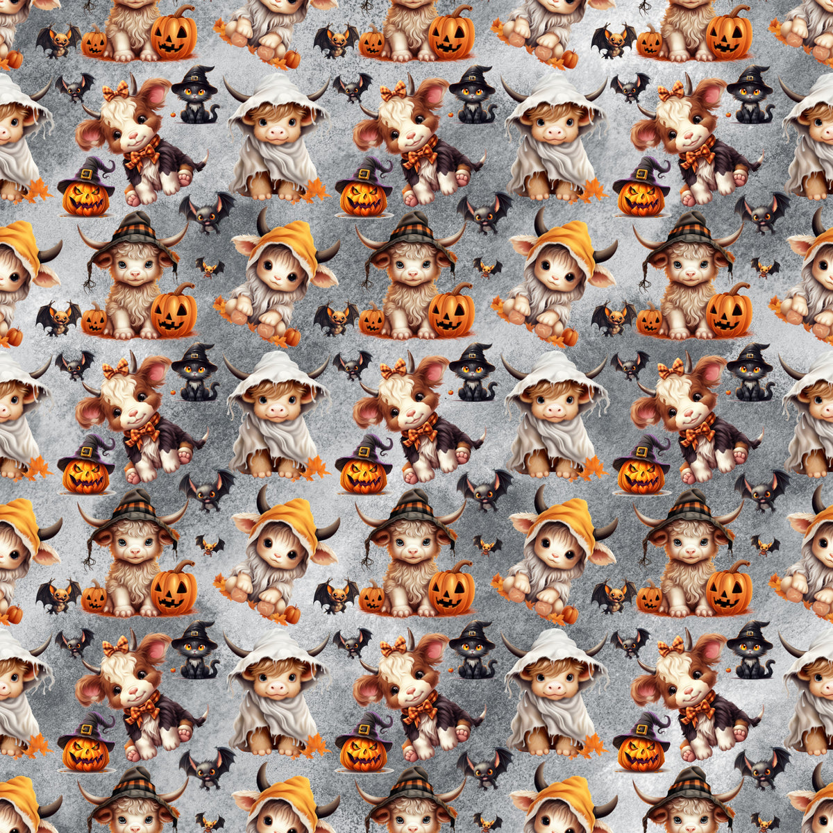 halloween fabric, highland cows, cartoon animals, orange pumpkins, witch hats, ghost costumes, black cats, flying bats, autumn leaves, quilting cotton, fabric panel, repeating pattern, cute characters, spooky theme, brown cows, gray background, seasonal design, craft fabric, sewing material, halloween decorations