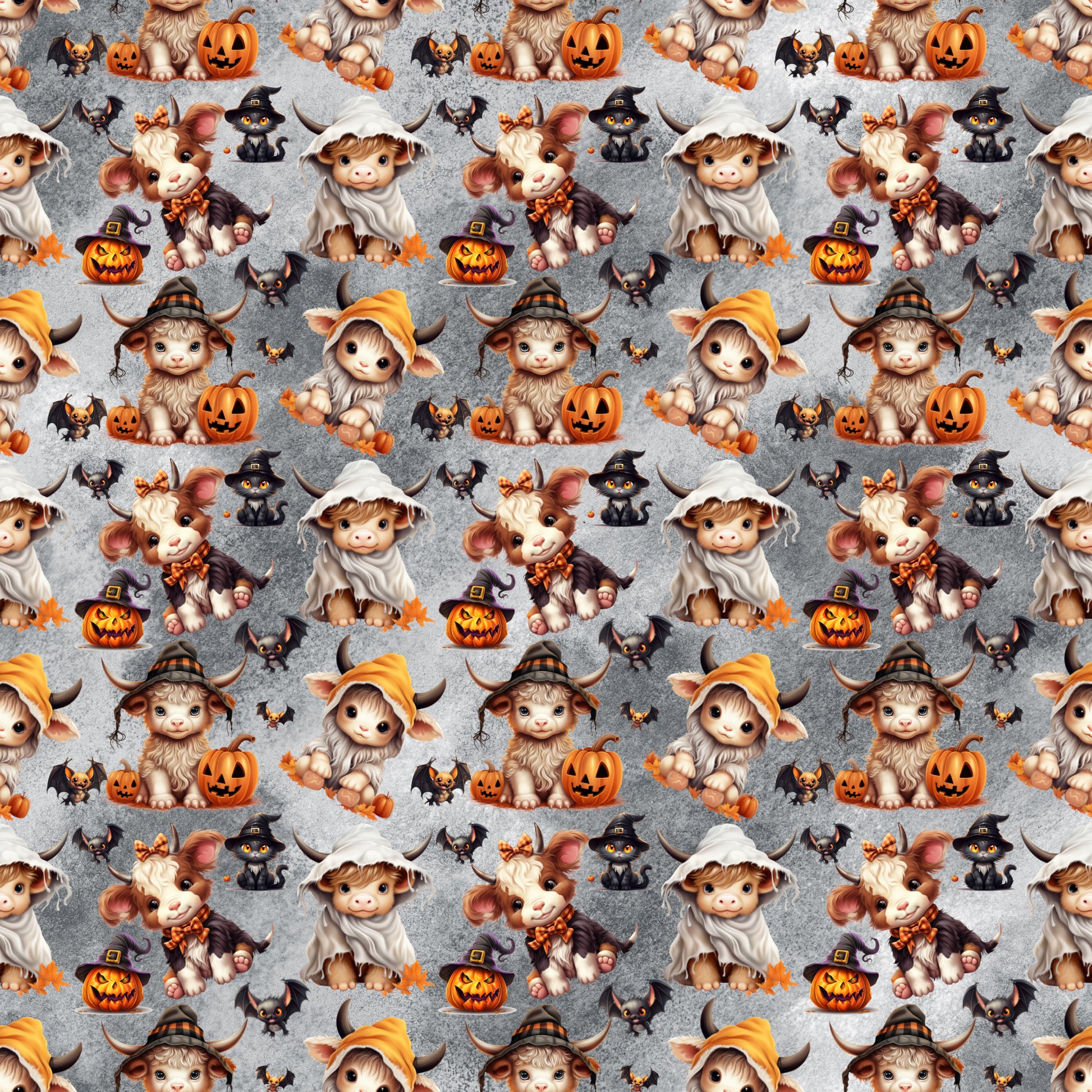 - Halloween Cartoon Highland Cows Pattern 1 Quilting Cotton Fabric  
- Orange, black, gray, white, brown  
- Cute cows, pumpkins, witches, hats  
- Autumn, spooky, festive, playful  
- Quilting, cotton, yardage, fabric, seasonal, harvest, Halloween-themed, decorative, cozy, whimsical, repeating design