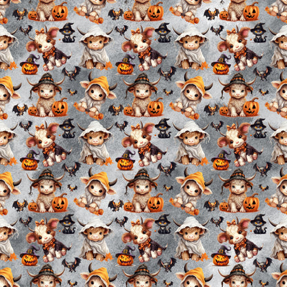 - Halloween Cartoon Highland Cows Pattern 1 Quilting Cotton Fabric  
- Orange, black, gray, white, brown  
- Cute cows, pumpkins, witches, hats  
- Autumn, spooky, festive, playful  
- Quilting, cotton, yardage, fabric, seasonal, harvest, Halloween-themed, decorative, cozy, whimsical, repeating design