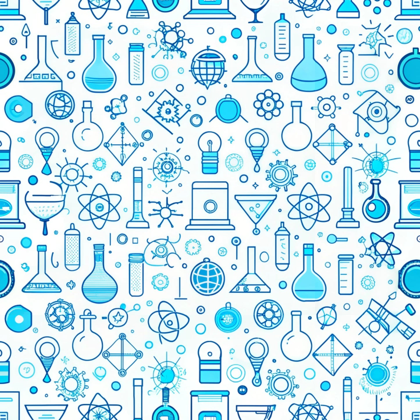 blue, white, turquoise, science icons, laboratory equipment, beakers, flasks, atoms, molecules, microscopes, test tubes, chemistry, physics, educational pattern, school theme, seamless repeat, quilting cotton, fabric panel, scientific symbols, back to school, stem design