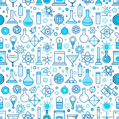 blue, white, turquoise, science icons, laboratory equipment, beakers, flasks, atoms, molecules, microscopes, test tubes, chemistry, physics, educational pattern, school theme, seamless repeat, quilting cotton, fabric panel, scientific symbols, back to school, stem design