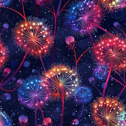 midnight blue, navy background, fireworks, colorful bursts, red fireworks, blue fireworks, purple fireworks, starry night, celebration, festive, radial patterns, explosive designs, patriotic colors, night sky, sparkles, quilting cotton, fabric panel, fourth of july, new year's eve, party theme