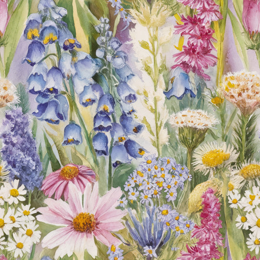 wildflower meadow, botanical illustration, watercolor style, pastel blues, soft pinks, sunny yellows, lavender purple, sage green, delicate petals, field flowers, nature scene, quilting cotton, fabric panel, whimsical florals, spring blooms, garden fantasy, artistic rendering, soft palette, floral motifs, cottage garden