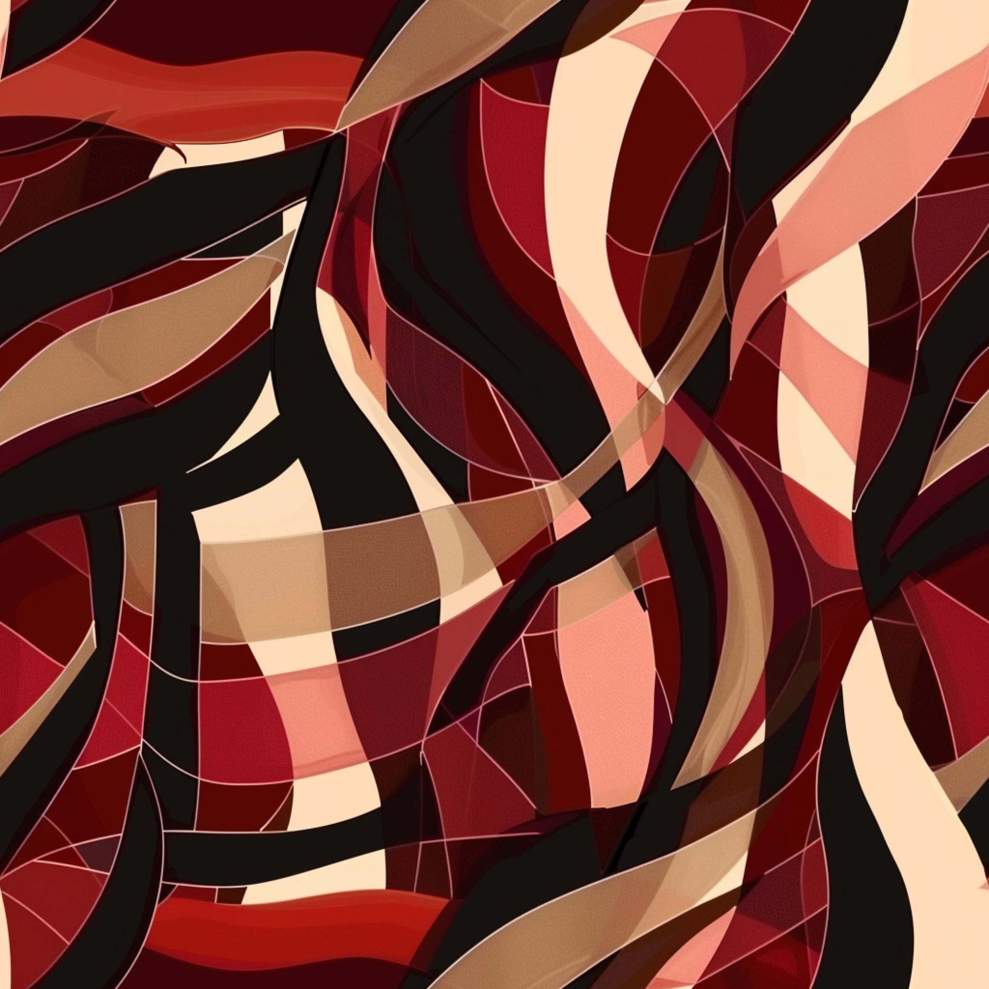 burgundy, abstract pattern, flowing ribbons, curved shapes, geometric design, red tones, cream accents, black stripes, brown shades, coral pink, interwoven bands, modern art style, dynamic movement, quilting cotton, fabric panel, contemporary design, layered elements, warm color palette, artistic swirls