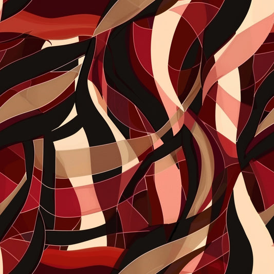 burgundy, abstract pattern, flowing ribbons, curved shapes, geometric design, red tones, cream accents, black stripes, brown shades, coral pink, interwoven bands, modern art style, dynamic movement, quilting cotton, fabric panel, contemporary design, layered elements, warm color palette, artistic swirls