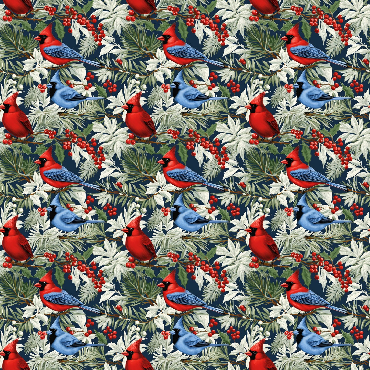 christmas cardinals, red birds, blue jays, winter birds, holly berries, pine needles, evergreen branches, botanical pattern, navy blue background, red cardinal, blue bird, green foliage, winter foliage, holiday fabric, quilting cotton, repeating pattern, nature motif, winter theme, bird illustration, festive design