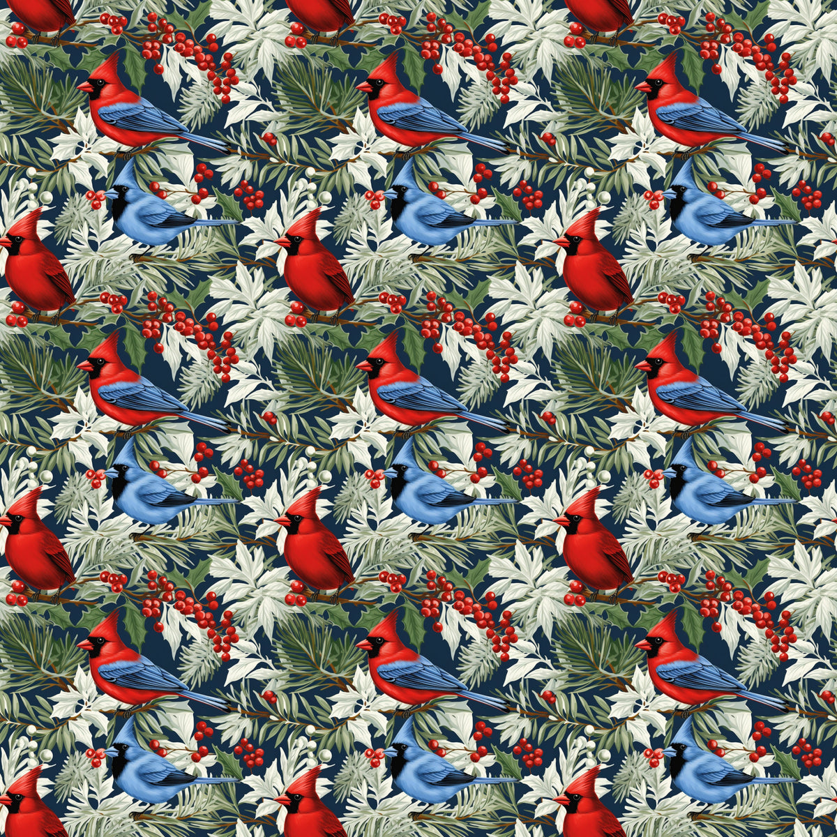 christmas cardinals, red birds, blue jays, winter birds, holly berries, pine needles, evergreen branches, botanical pattern, navy blue background, red cardinal, blue bird, green foliage, winter foliage, holiday fabric, quilting cotton, repeating pattern, nature motif, winter theme, bird illustration, festive design