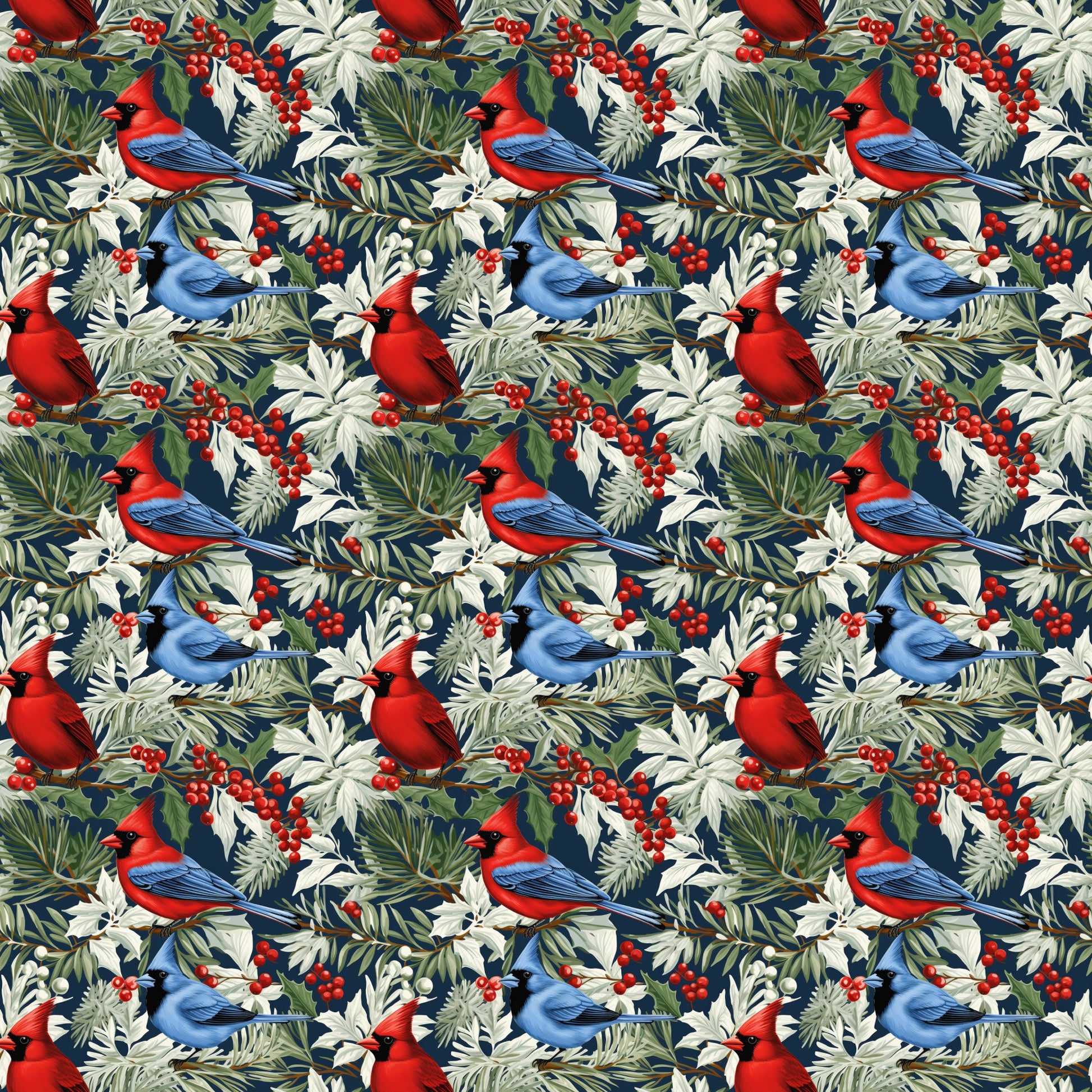 christmas cardinals, red birds, blue jays, winter birds, holly berries, pine needles, evergreen branches, botanical pattern, navy blue background, red cardinal, blue bird, green foliage, winter foliage, holiday fabric, quilting cotton, repeating pattern, nature motif, winter theme, bird illustration, festive design