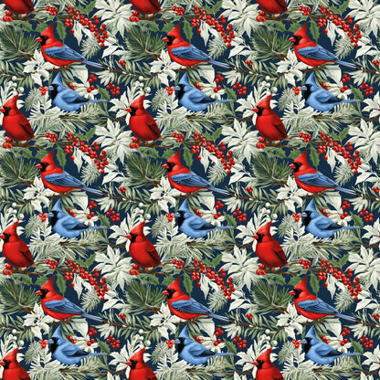 christmas cardinals, red birds, blue jays, winter birds, holly berries, pine needles, evergreen branches, botanical pattern, navy blue background, red cardinal, blue bird, green foliage, winter foliage, holiday fabric, quilting cotton, repeating pattern, nature motif, winter theme, bird illustration, festive design