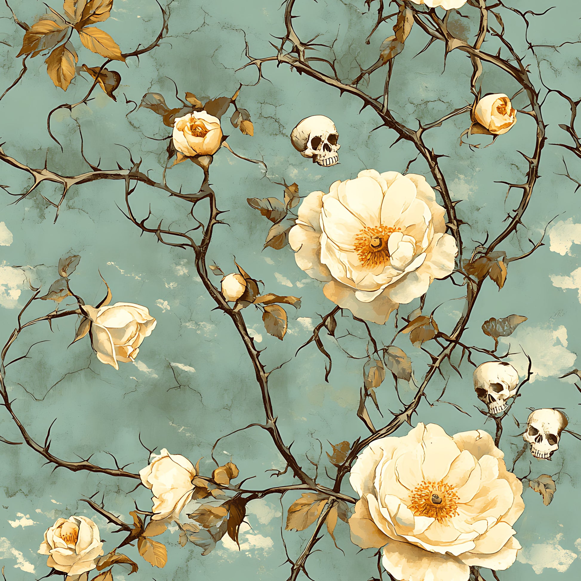 sage green, cream roses, skulls, thorny vines, gothic floral, vintage illustration, quilting cotton, fabric panel, autumn leaves, botanical skulls, distressed texture, muted pastels, dark academia, spooky florals, bramble thorns, bone white, weathered finish, halloween motifs, nature gothic, romantic macabre