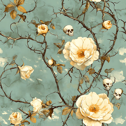 sage green, cream roses, skulls, thorny vines, gothic floral, vintage illustration, quilting cotton, fabric panel, autumn leaves, botanical skulls, distressed texture, muted pastels, dark academia, spooky florals, bramble thorns, bone white, weathered finish, halloween motifs, nature gothic, romantic macabre
