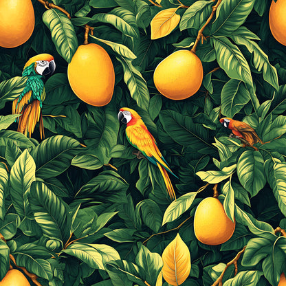 tropical pattern, mango fruits, colorful parrots, macaws, lush foliage, green leaves, orange yellow, vibrant colors, exotic birds, jungle theme, botanical design, quilting cotton, fabric panel, tropical paradise, rainforest motif, nature scene, bright artwork, seamless repeat, tropical wildlife, leafy branches