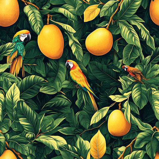 tropical pattern, mango fruits, colorful parrots, macaws, lush foliage, green leaves, orange yellow, vibrant colors, exotic birds, jungle theme, botanical design, quilting cotton, fabric panel, tropical paradise, rainforest motif, nature scene, bright artwork, seamless repeat, tropical wildlife, leafy branches