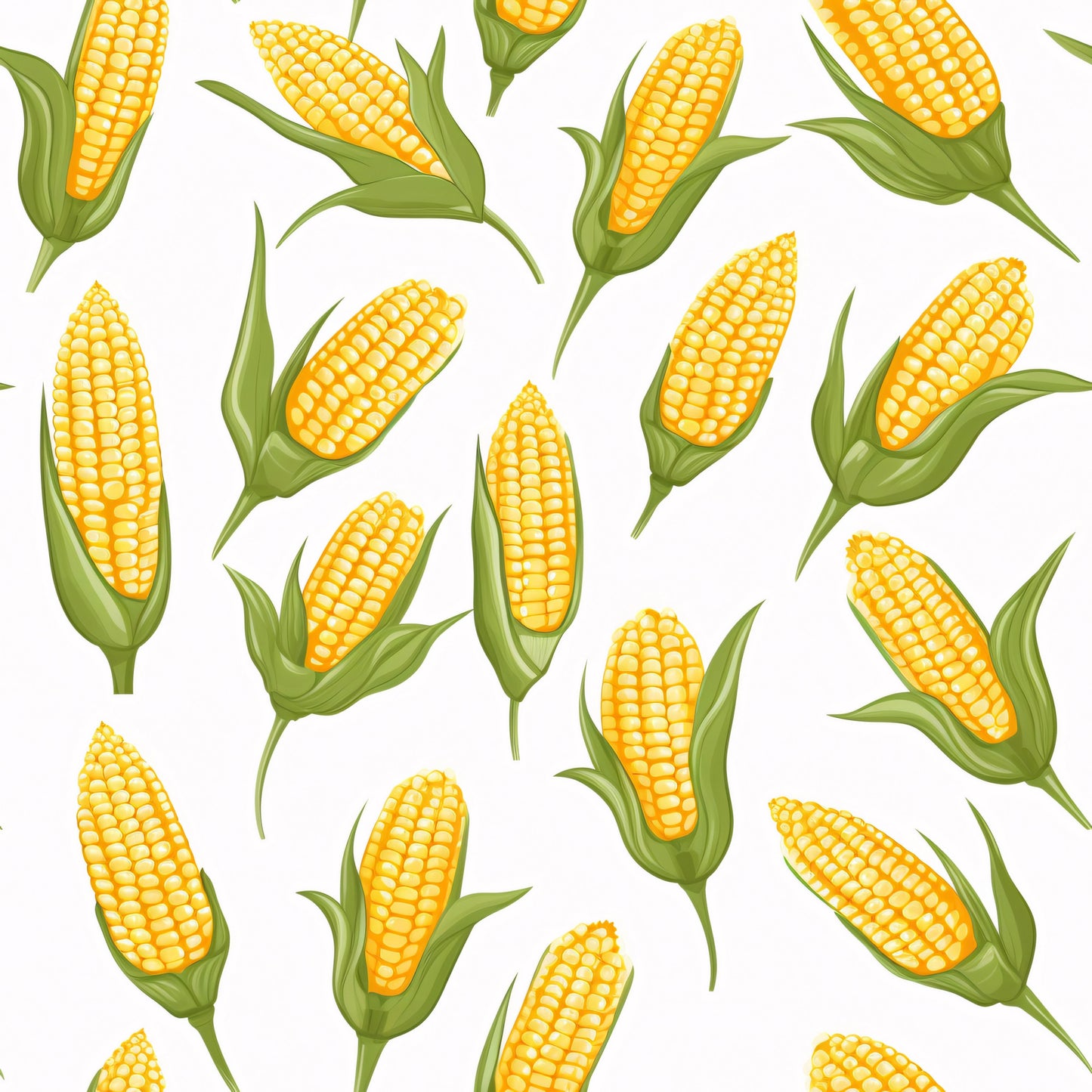 yellow corn, golden kernels, green husks, corn cobs, vegetable pattern, farm produce, harvest theme, botanical design, food illustration, quilting cotton, fabric panel, seamless pattern, agricultural motif, summer vegetables, bright yellow, lime green, white background, scattered layout, kitchen theme, garden fresh