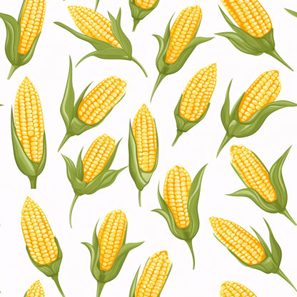 yellow corn, golden kernels, green husks, corn cobs, vegetable pattern, farm produce, harvest theme, botanical design, food illustration, quilting cotton, fabric panel, seamless pattern, agricultural motif, summer vegetables, bright yellow, lime green, white background, scattered layout, kitchen theme, garden fresh