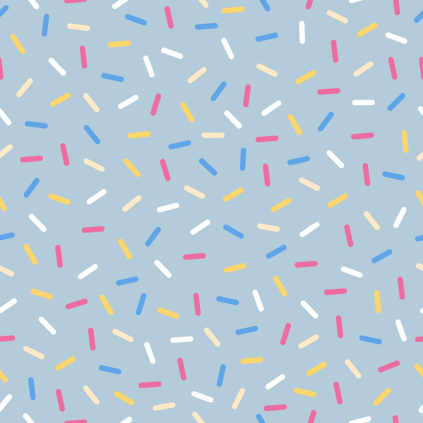 rainbow sprinkles, colorful sprinkles, blue background, pink sprinkles, yellow sprinkles, white sprinkles, orange sprinkles, scattered pattern, random placement, sweet treats, dessert theme, bakery motif, cheerful design, playful pattern, quilting cotton, fabric panel, confetti style, candy colors, fun design, whimsical sprinkles