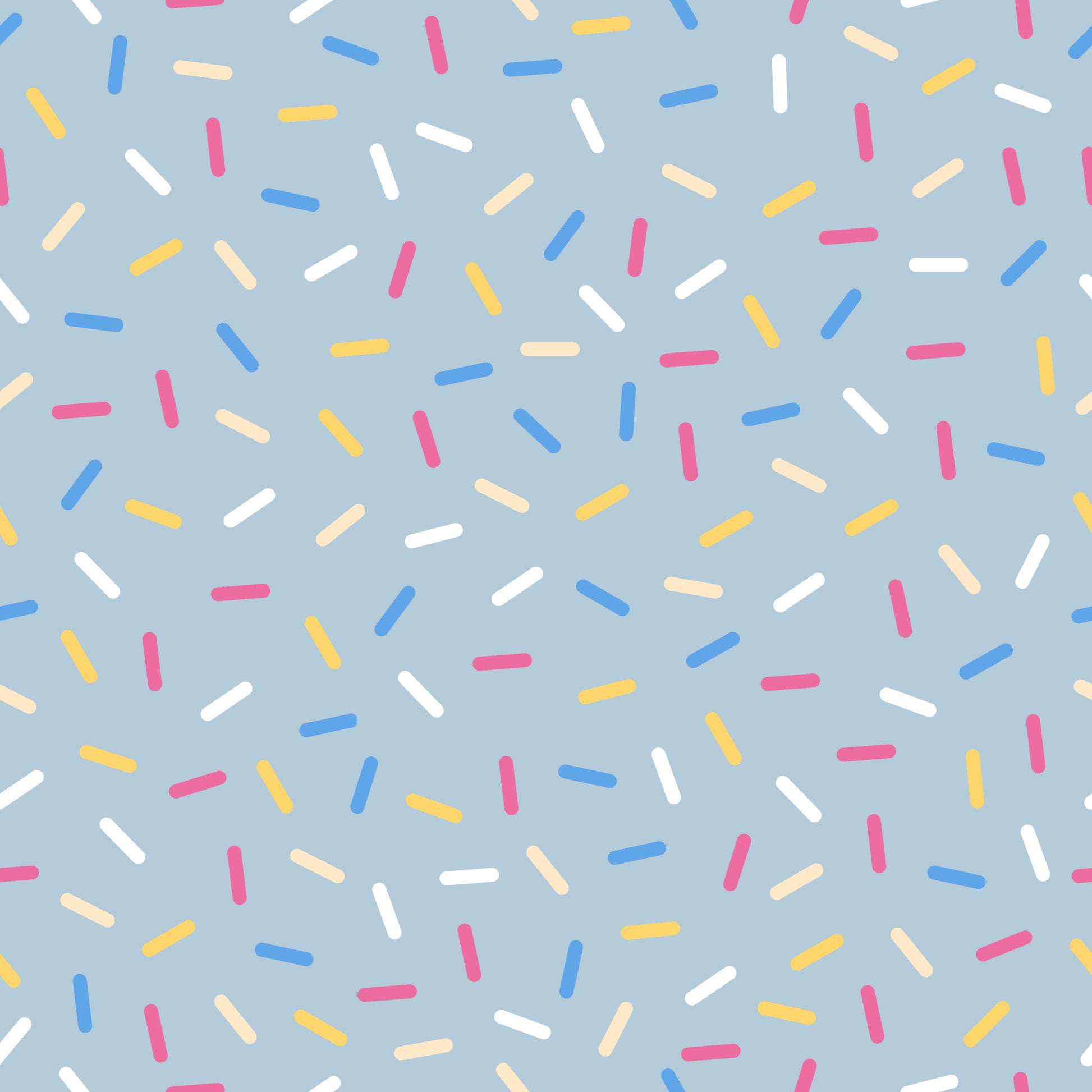 rainbow sprinkles, colorful sprinkles, blue background, pink sprinkles, yellow sprinkles, white sprinkles, orange sprinkles, scattered pattern, random placement, sweet treats, dessert theme, bakery motif, cheerful design, playful pattern, quilting cotton, fabric panel, confetti style, candy colors, fun design, whimsical sprinkles