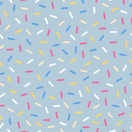 rainbow sprinkles, colorful sprinkles, blue background, pink sprinkles, yellow sprinkles, white sprinkles, orange sprinkles, scattered pattern, random placement, sweet treats, dessert theme, bakery motif, cheerful design, playful pattern, quilting cotton, fabric panel, confetti style, candy colors, fun design, whimsical sprinkles