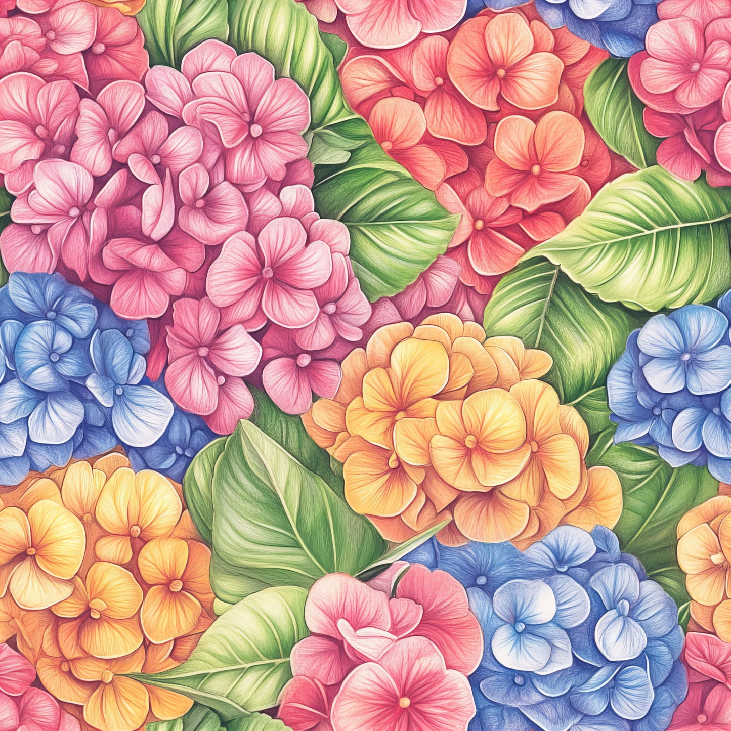 hydrangeas, floral pattern, pink flowers, blue flowers, orange flowers, yellow flowers, green leaves, tropical leaves, botanical design, quilting cotton, fabric panel, colorful blooms, garden flowers, nature motif, bright colors, seamless pattern, crafting fabric, vibrant florals, spring flowers, textile design