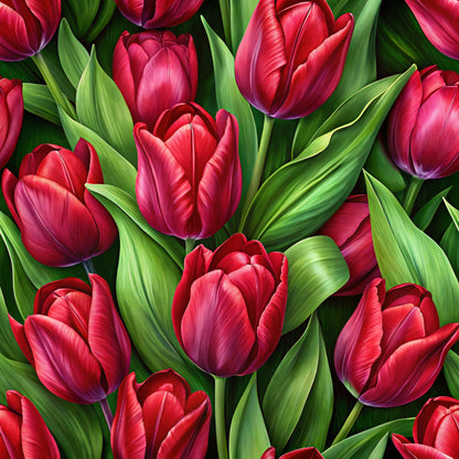 red tulips, pink tulips, green leaves, realistic flowers, floral pattern, botanical design, spring flowers, vibrant colors, crimson petals, emerald foliage, quilting cotton, fabric panel, garden theme, nature motif, detailed illustration, blooming tulips, stem and leaf, fresh springtime, colorful blossoms