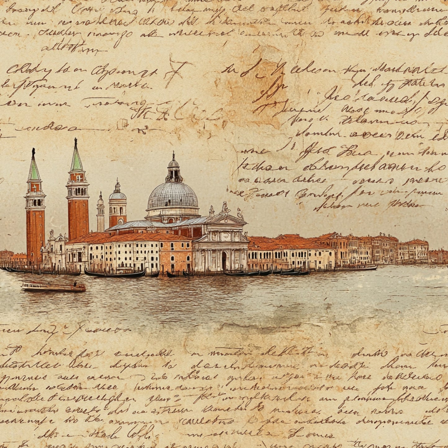 vintage map, handwritten script, venice architecture, campanile towers, watercolor illustration, aged parchment, sepia tones, burnt orange, sage green, italian cityscape, gondola boats, historic buildings, antique manuscript, travel journal, quilting cotton, fabric panel, old world charm, european landmarks, nostalgic artwork, weathered texture
