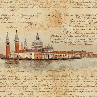 vintage map, handwritten script, venice architecture, campanile towers, watercolor illustration, aged parchment, sepia tones, burnt orange, sage green, italian cityscape, gondola boats, historic buildings, antique manuscript, travel journal, quilting cotton, fabric panel, old world charm, european landmarks, nostalgic artwork, weathered texture