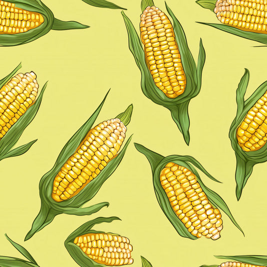 yellow, golden yellow, green, light yellow background, corn cobs, corn husks, vegetable pattern, food motif, harvest theme, autumn elements, repeating pattern, botanical design, farm produce, quilting cotton, fabric panel, realistic illustration, kitchen theme, cooking motif, garden vegetables, agricultural design