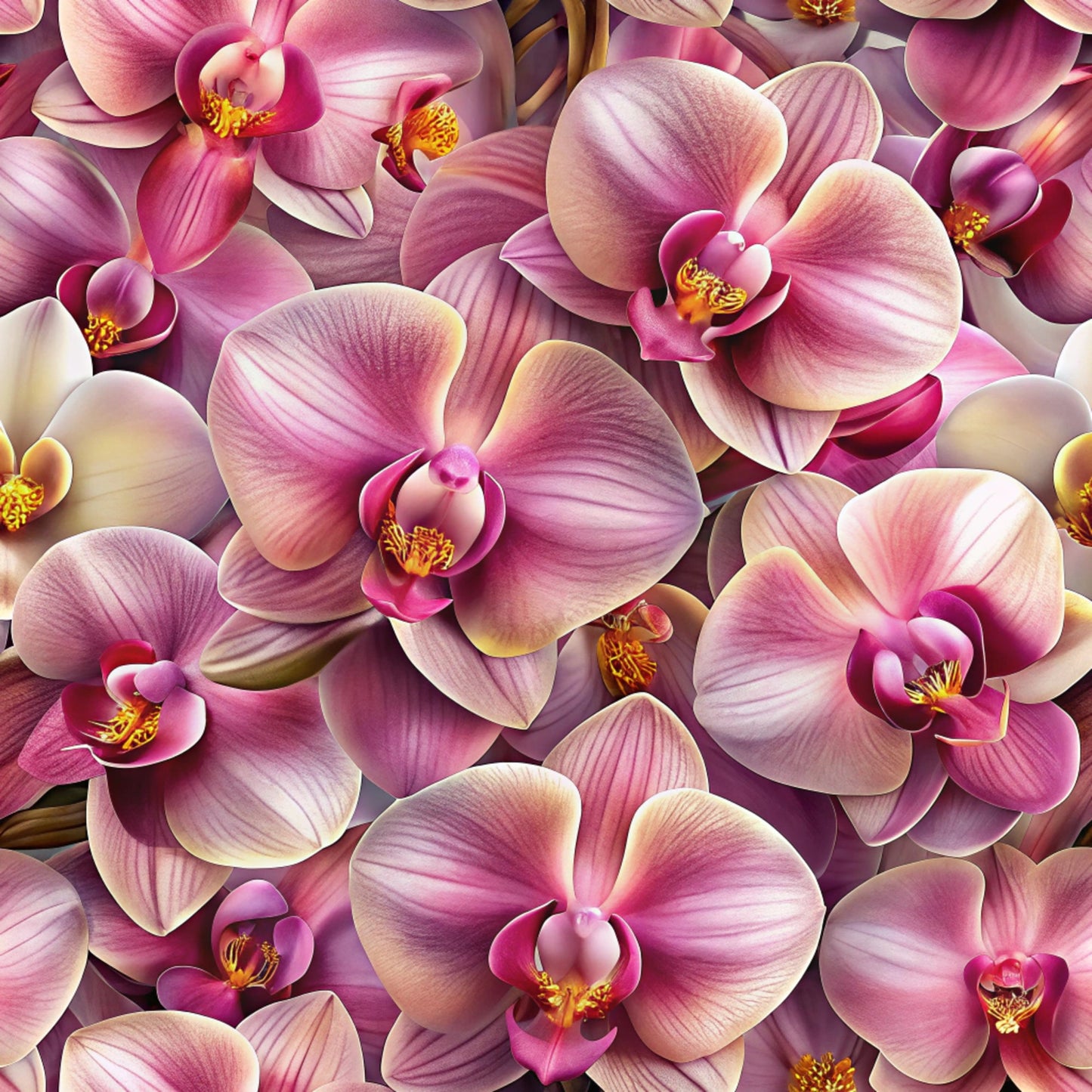 pink orchids, purple flowers, magenta petals, cream accents, yellow stamens, realistic floral, botanical pattern, exotic flowers, tropical blooms, seamless design, quilting cotton, fabric panel, floral motif, orchid blossoms, nature inspired, elegant florals, vibrant colors, detailed petals, flower photography style, cotton fabric