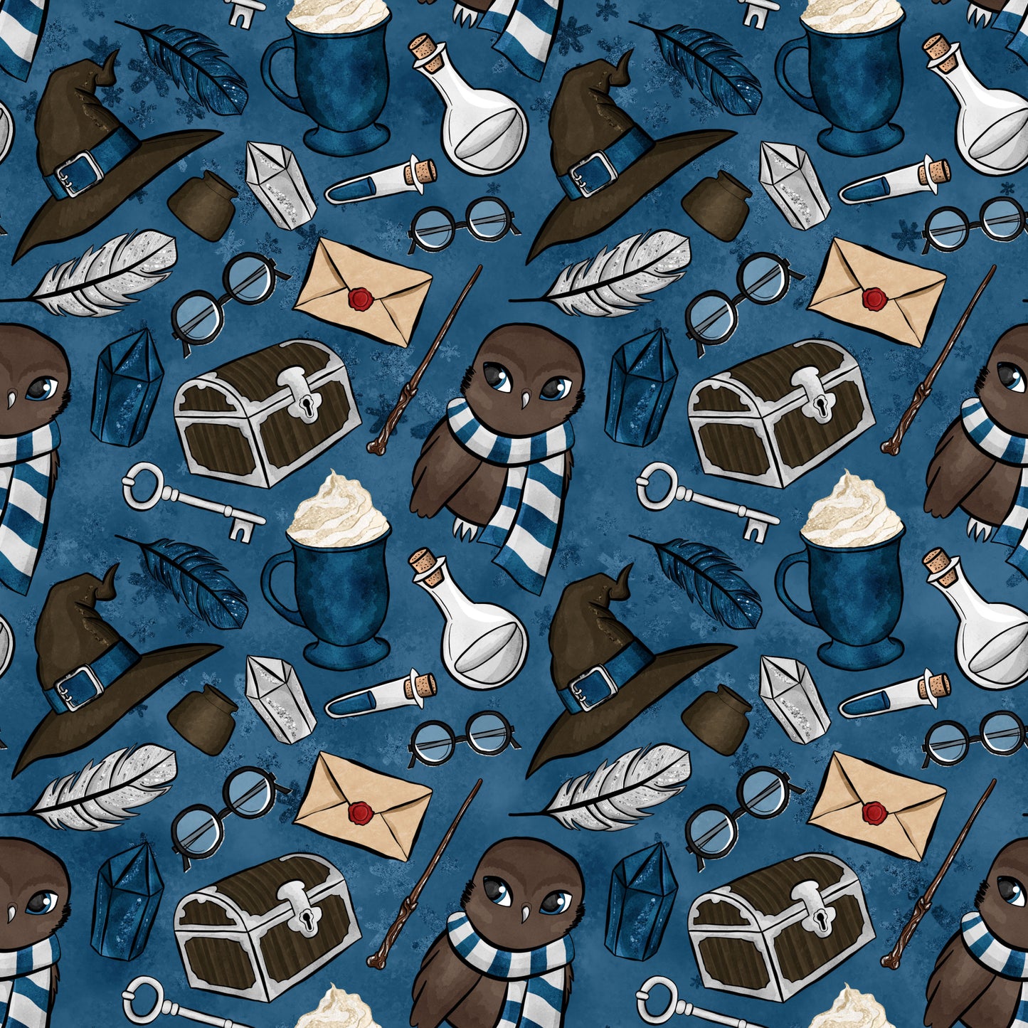 navy blue, dark blue, wizard hat, owl character, magic wand, potion bottle, treasure chest, feather quill, envelope, round glasses, lantern, skeleton key, hot chocolate mug, whimsical pattern, magical theme, school supplies, fantasy elements, quilting cotton, fabric panel, repeating motif, cute owl, striped scarf, mystical items