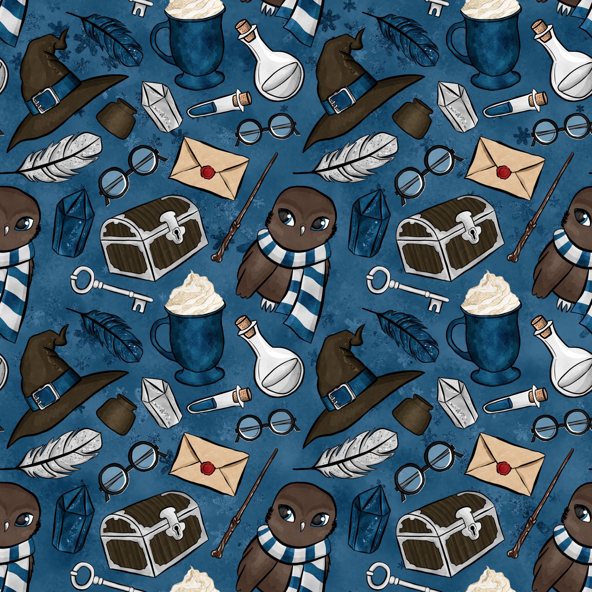 navy blue, dark blue, wizard hat, owl character, magic wand, potion bottle, treasure chest, feather quill, envelope, round glasses, lantern, skeleton key, hot chocolate mug, whimsical pattern, magical theme, school supplies, fantasy elements, quilting cotton, fabric panel, repeating motif, cute owl, striped scarf, mystical items