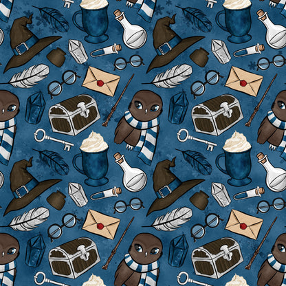 navy blue, dark blue, wizard hat, owl character, magic wand, potion bottle, treasure chest, feather quill, envelope, round glasses, lantern, skeleton key, hot chocolate mug, whimsical pattern, magical theme, school supplies, fantasy elements, quilting cotton, fabric panel, repeating motif, cute owl, striped scarf, mystical items