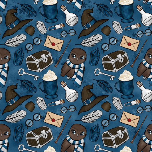 navy blue, dark blue, wizard hat, owl character, magic wand, potion bottle, treasure chest, feather quill, envelope, round glasses, lantern, skeleton key, hot chocolate mug, whimsical pattern, magical theme, school supplies, fantasy elements, quilting cotton, fabric panel, repeating motif, cute owl, striped scarf, mystical items
