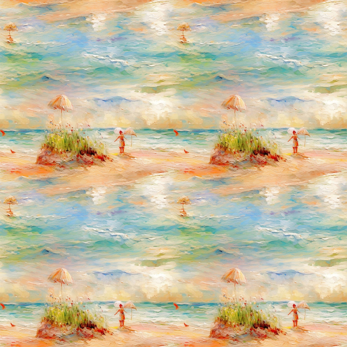 beach scene, ocean waves, impressionist style, peach umbrella, figure silhouette, sand dunes, sea grass, turquoise water, coral pink, soft pastels, watercolor effect, coastal landscape, quilting cotton, fabric panel, summer scene, peaceful mood, artistic brushstrokes, seaside setting, nature motif, repetitive pattern